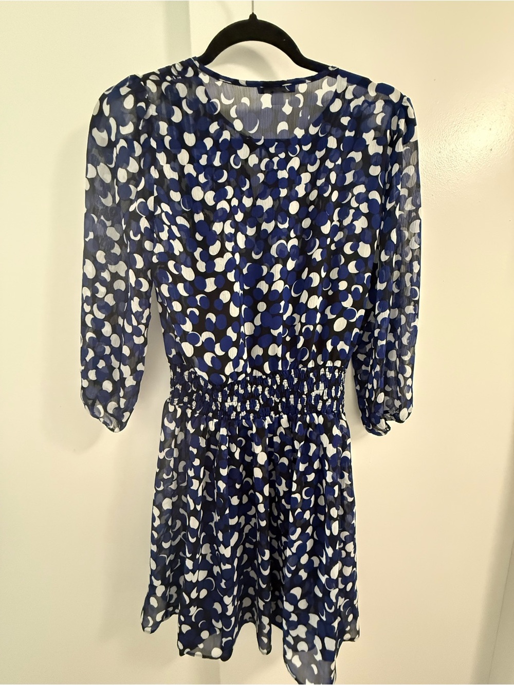 Tommy Hilfiger Navy and White Printed Long Sleeve Smocked Dress